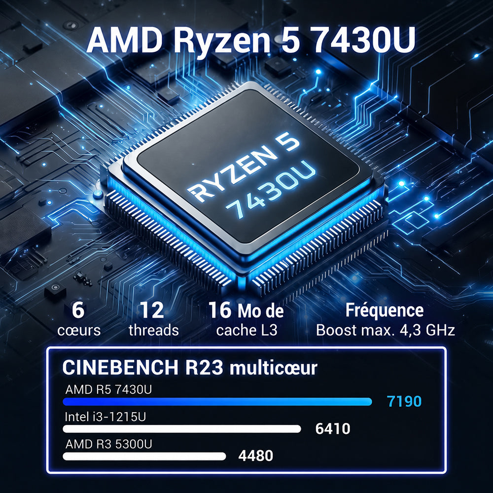 FIREBAT R3 Mini PC : AMD Ryzen 5 7430U (6 cœurs/12 threads), 16 GB RAM LPDDR4, 512 GB SSD, prend en charge l'affichage triple écran 4K, Wi-Fi 6, Bluetooth 5.2
