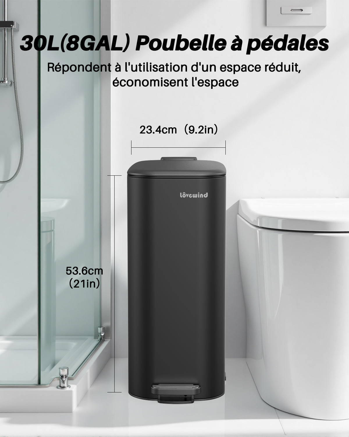Lovewind Poubelle de cuisine 30 L, Poubelle étroite en acier inoxydable noir pour cuisine, Poubelle à pédale noire avec couvercle à fermeture douce, Seau intérieur amovible