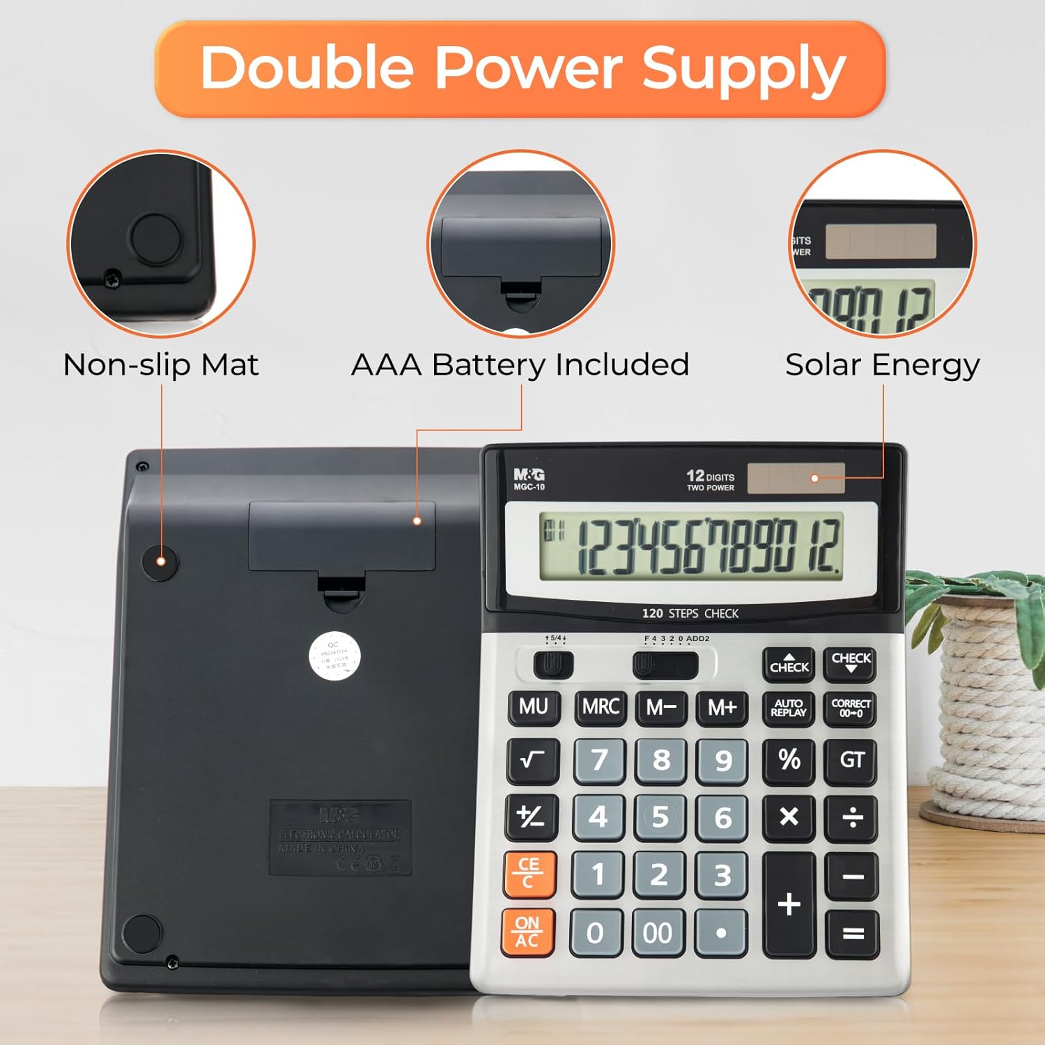 M&G Calculatrice de bureau 12 chiffres avec écran LCD extra-large, fonction de vérification et de correction, double alimentation solaire et batterie, touches larges