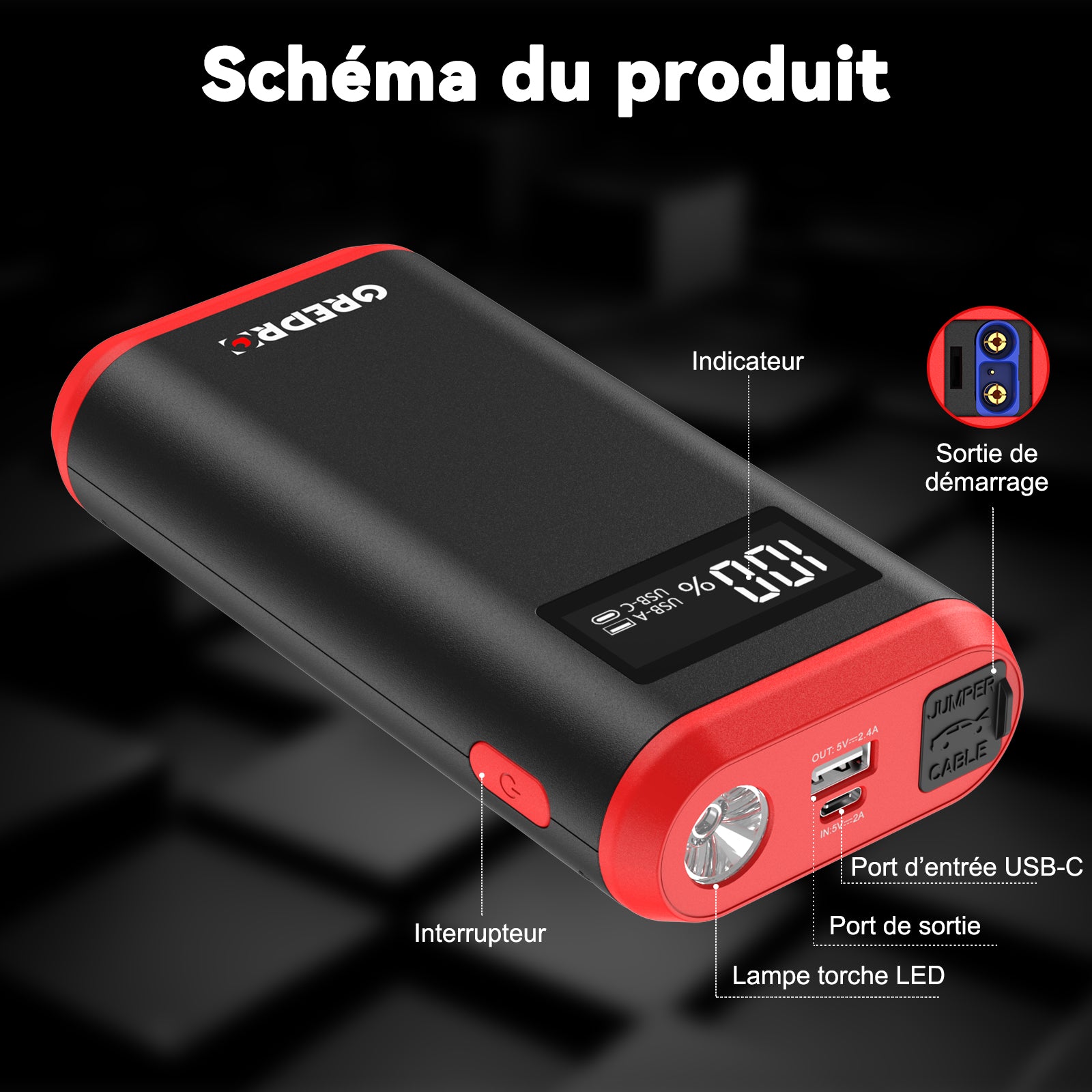 GREPRO Booster de Batterie 6000A, Démarreur de Voiture d’Urgence pour Véhicules 12V et Motos (jusqu’à 10,0L Essence / 8,0L Diesel), avec Écran LCD et Lampe Torche LED