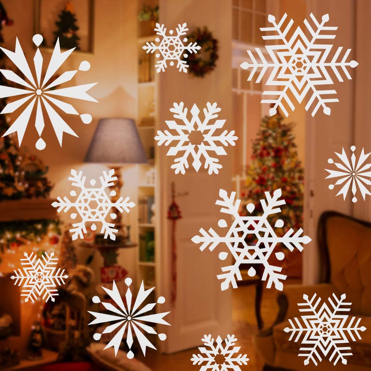 SALCAR Lot de 100 autocollants de Noël, décorations autocollantes flocons de neige pour fenêtres et portes, 4 motifs en 3 tailles
