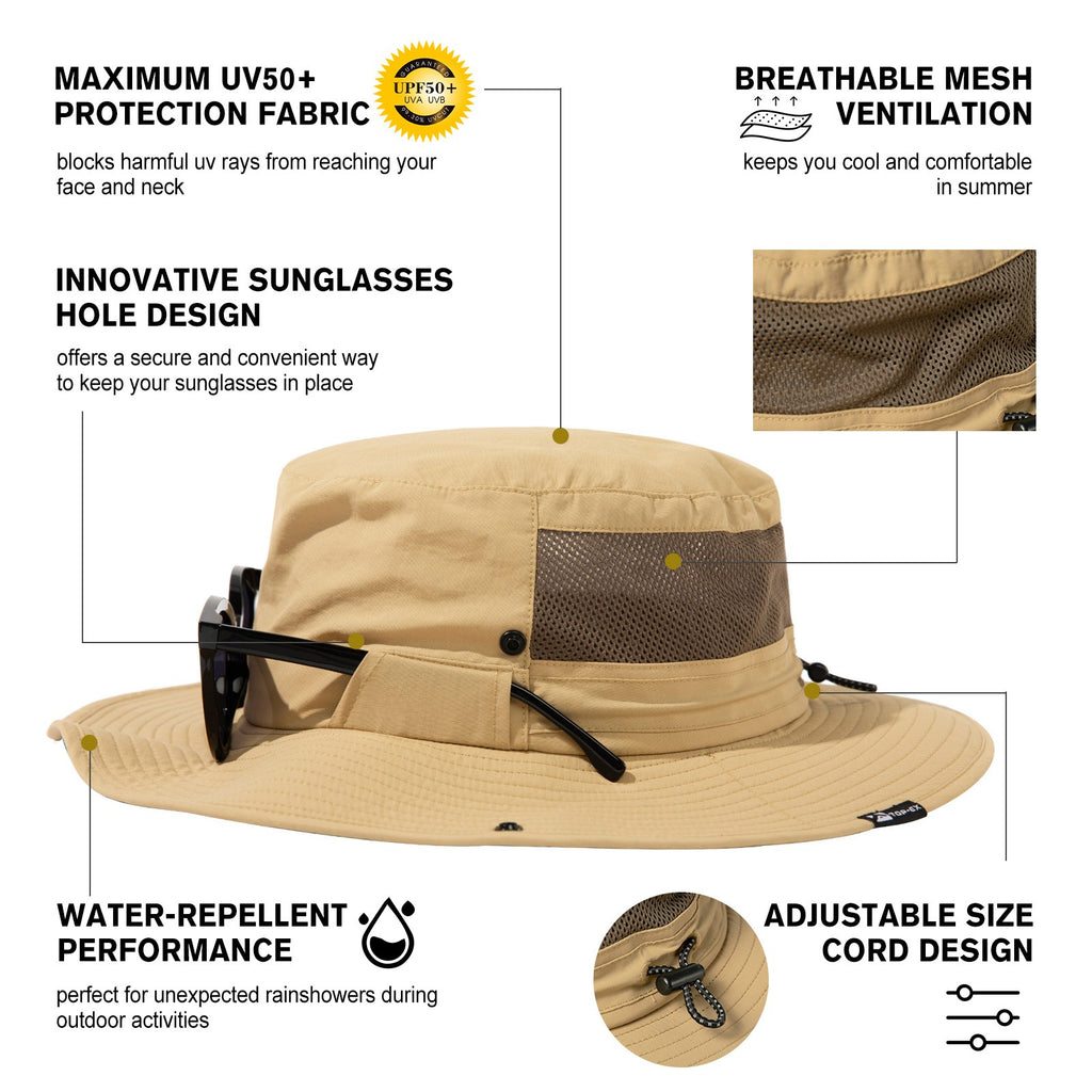 TOP-EX Chapeau de pêche pour homme avec protection UV, couvre-nuque à effet froid, emplacement pour lunettes, bords larges, taille M/L - Kaki