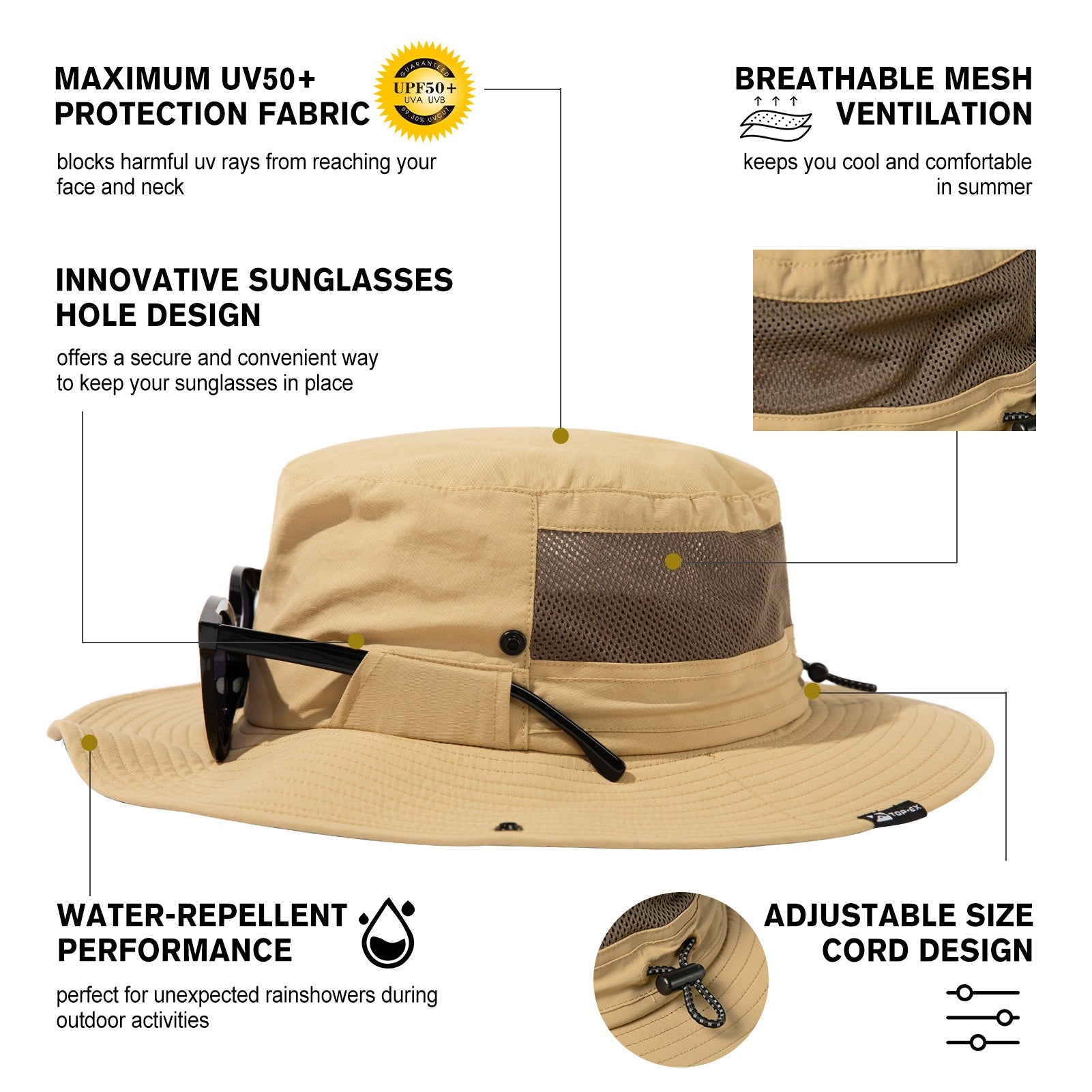 TOP-EX Chapeau de pêche pour homme avec protection UV, couvre-nuque à effet froid, emplacement pour lunettes, bords larges, taille M/L - Kaki
