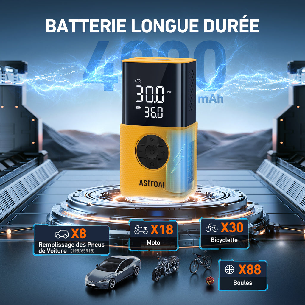 AstroAI L7S Pompe à pneu portable, compresseur d’air sans fil pour vélo, écran numérique à double affichage, pompe à pneu pour voiture 150 PSI, lumières LED