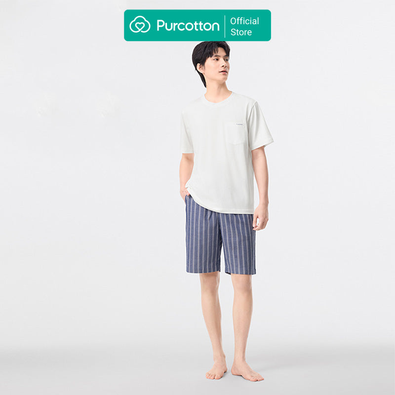 Purcotton Homme Sensation de fraîcheur * Haut en coton hydratant + Short en mousseline Ensemble de maison frais et respirant Hydratant et doux pour l'été - Rayures bleues