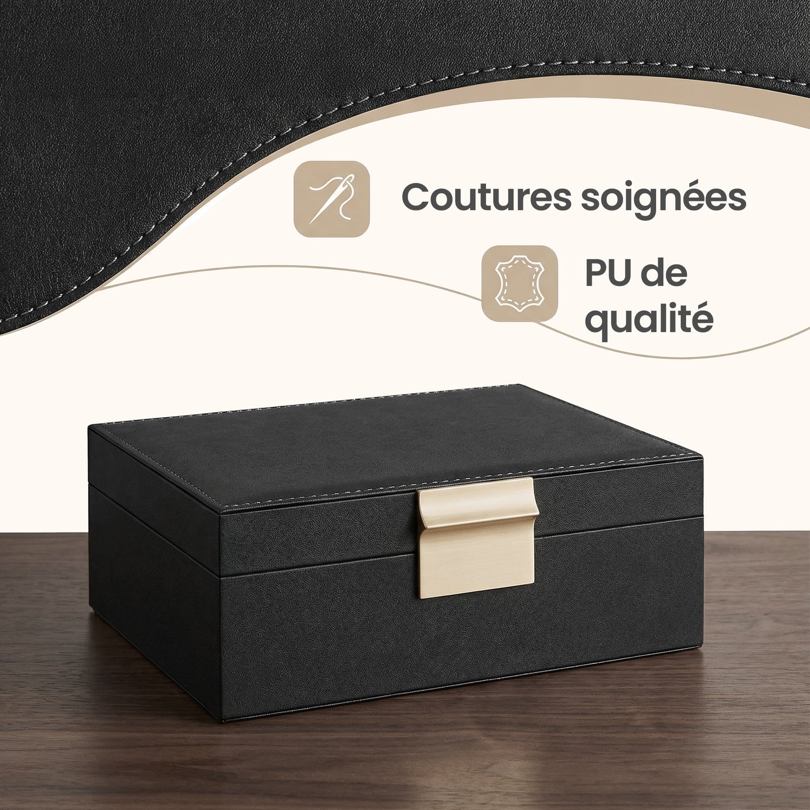 JOYFURNOS Boîte à Bijoux avec Couvercle en Verre, Organiseur à Bijoux 2 Niveaux avec Plateau Amovible, Rangement pour Bijoux, Style Moderne, Cadeau pour Vos Proches, Noir Graphite et Or Métallique