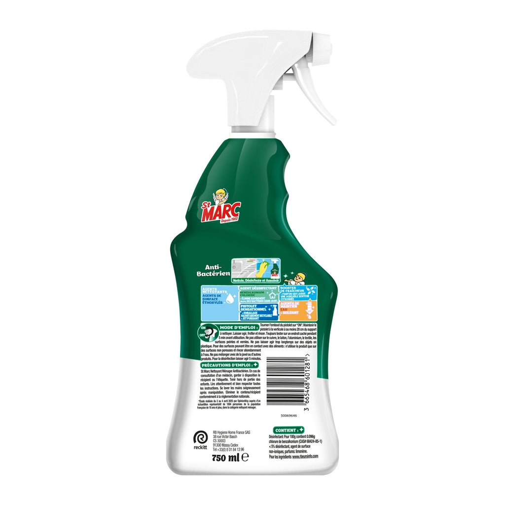 St Marc Spray Nettoyant Multi-Usages Antibactérien, Sans Javel, Citron, 750 ml