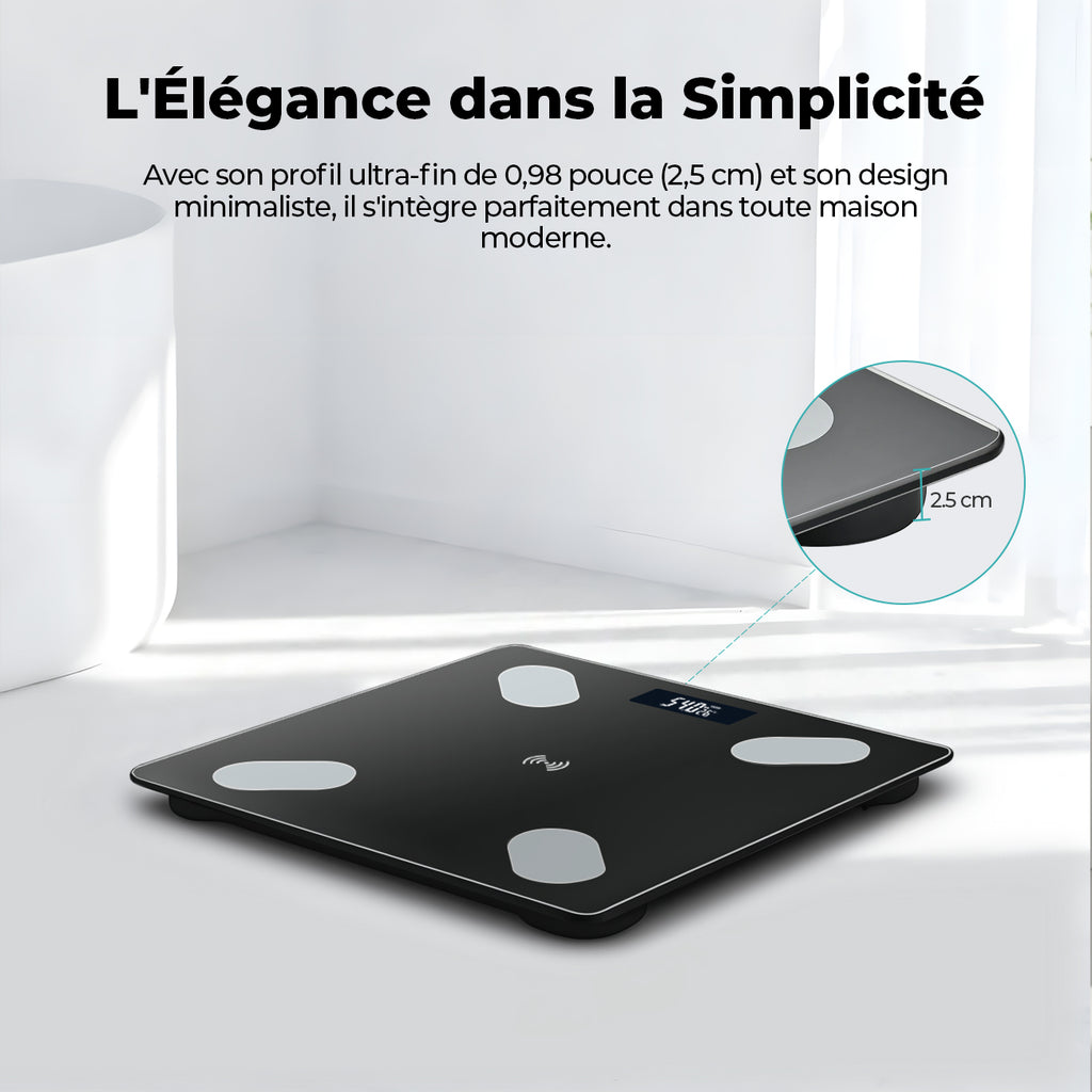 Sparoma ADL-26Black pèse-personne impédancemètre numérique noir – balance connectée Bluetooth avec suivi par application, gestion de santé multi-utilisateur, alimenté par 2 piles AAA (piles non incluses), capacité 180 kg/400 lb