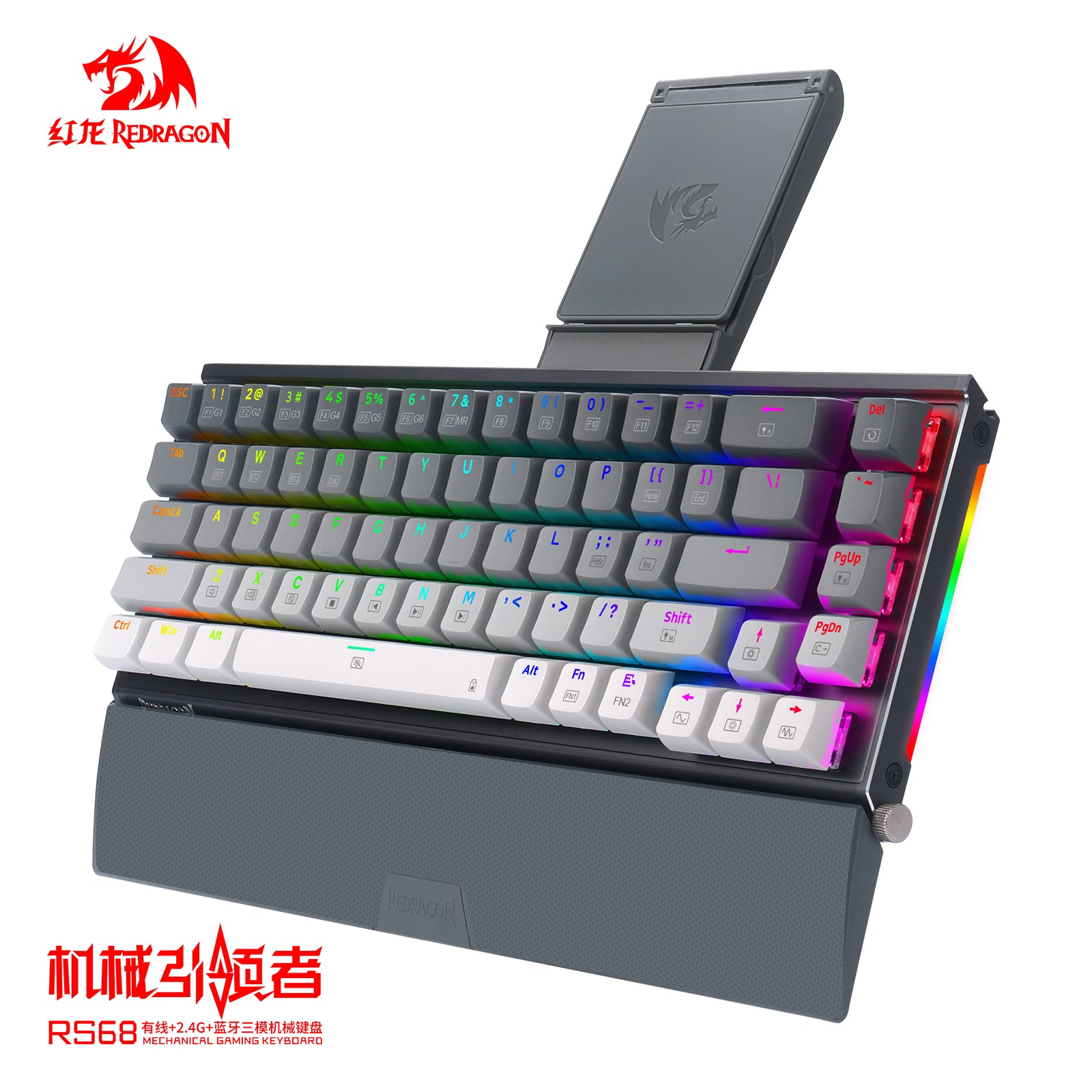 RS68 3e examen blanc - clavier mécanique sans fil en alliage d’aluminium, supports de switchs, remplacement à chaud, repose-poignet détachable, clavier gaming e-sport pour bureau, gris sidéral