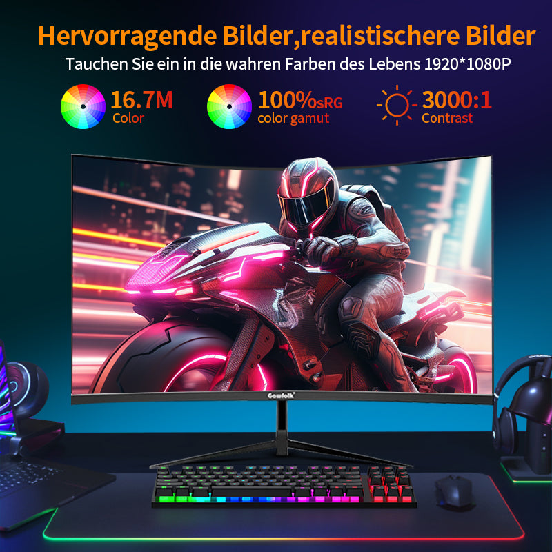 Gawfolk Moniteur de jeu incurvé 27 po : écran VA FHD 1080P 100 Hz 1800R, 100 % sRGB, synchronisation adaptative, haut-parleurs intégrés, HDMI/VGA, compatible fixation VESA