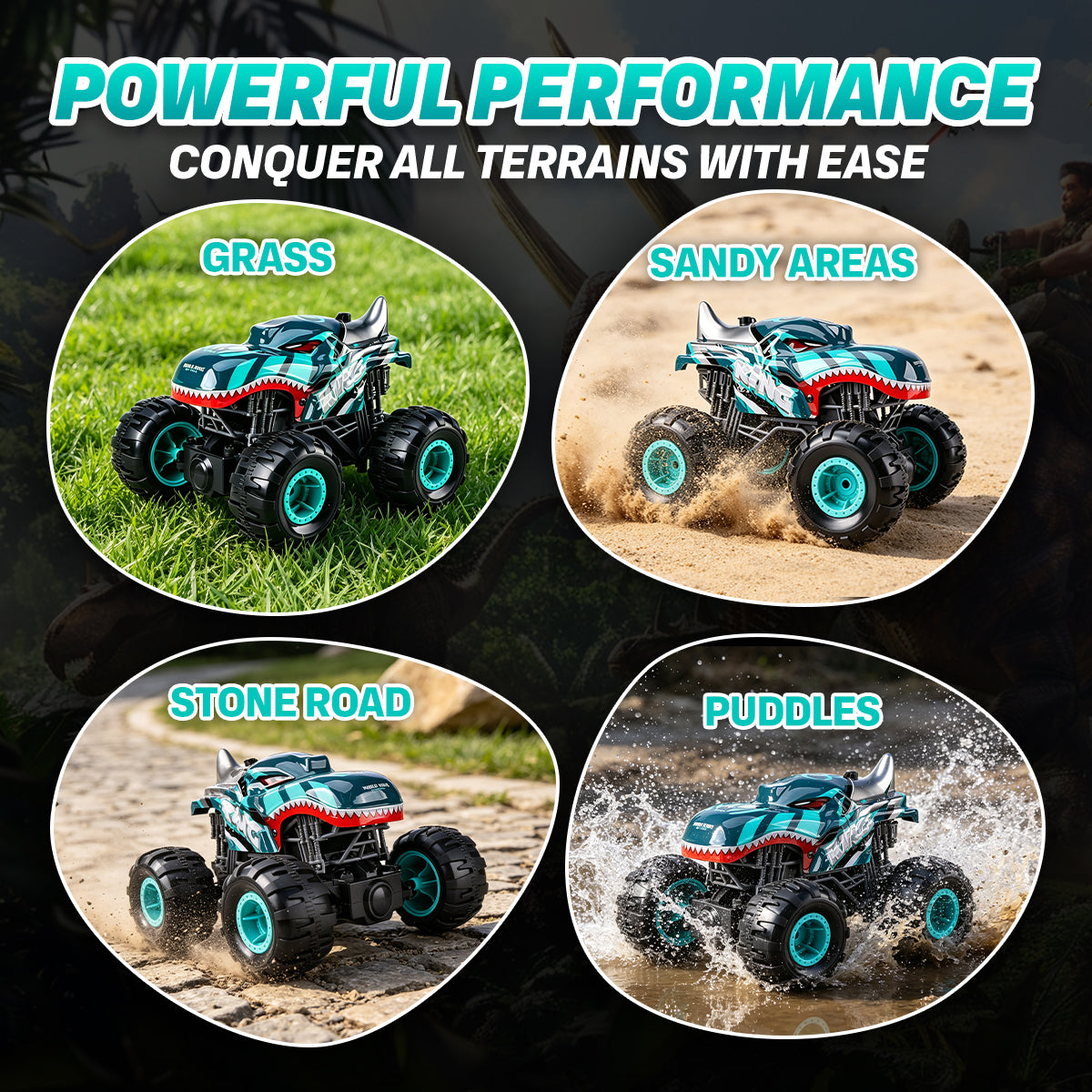 2.4GHz All-Terrain Shark Monster Truck Toy, Remote Control Truck with Music & 3 Lighting Modes, 360° Stunt Function, 2 Batteries Included Ready to Run, Toy Gift for Boys & Girls