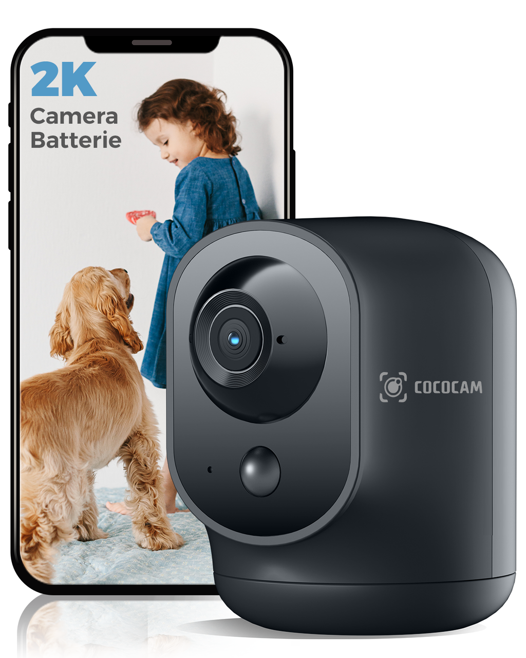 COCOCAM Caméra de sécurité intérieure 2K pivotante/inclinable, batterie 5200 mAh, WiFi sans fil, détection IA et PIR, 2,4 GHz, Noir