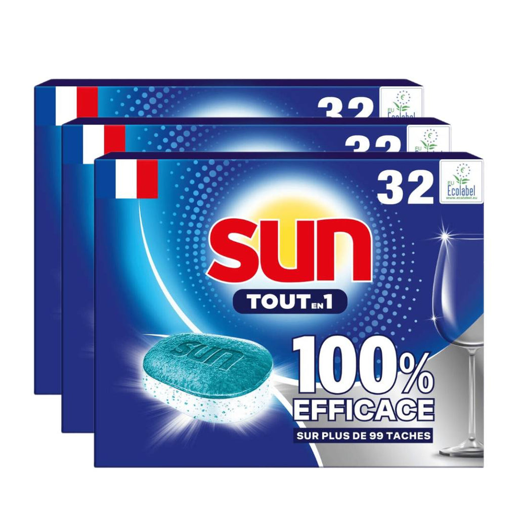 Sun Tout-en-1 Tablettes Lave-Vaisselle Anti-Calcaire & Liquide de Rinçage 3 x 32 Tablettes (= 96 Tablettes) (96 Lavages)