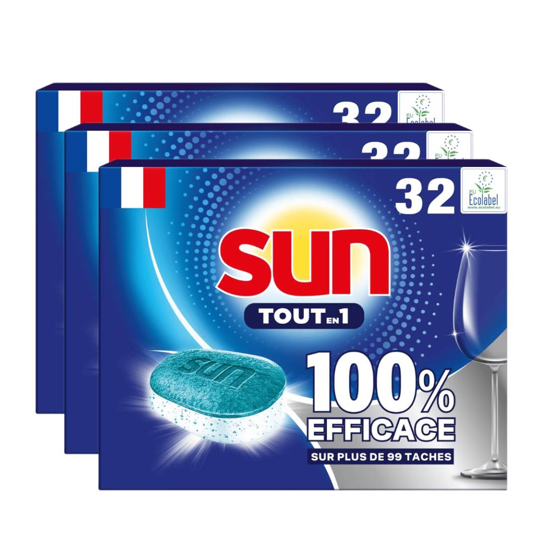 Sun Tout-en-1 Tablettes Lave-Vaisselle Anti-Calcaire & Liquide de Rinçage 3 x 32 Tablettes (= 96 Tablettes) (96 Lavages)