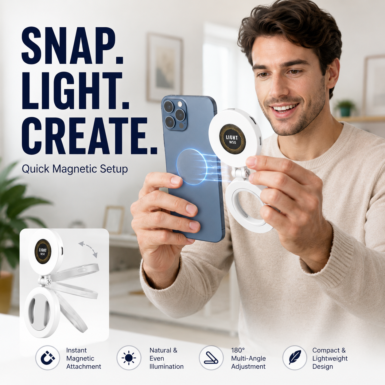 VoxorAI M28 Lampe d’appoint blanche – Solution d’éclairage pour selfie avec miroir et fixation magnétique. Qualité CRI95+, éclairage LED à 360°