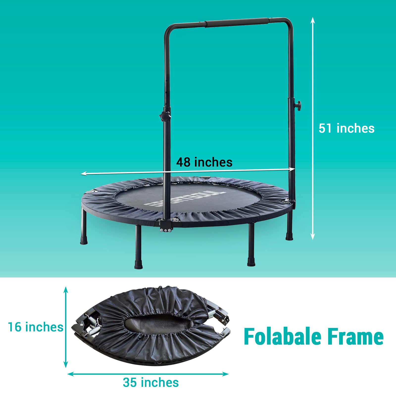 SPORTSOUL Mini rebondisseur de fitness pliable 40" avec poignée, pré-assemblé, charge maximale 70 kg