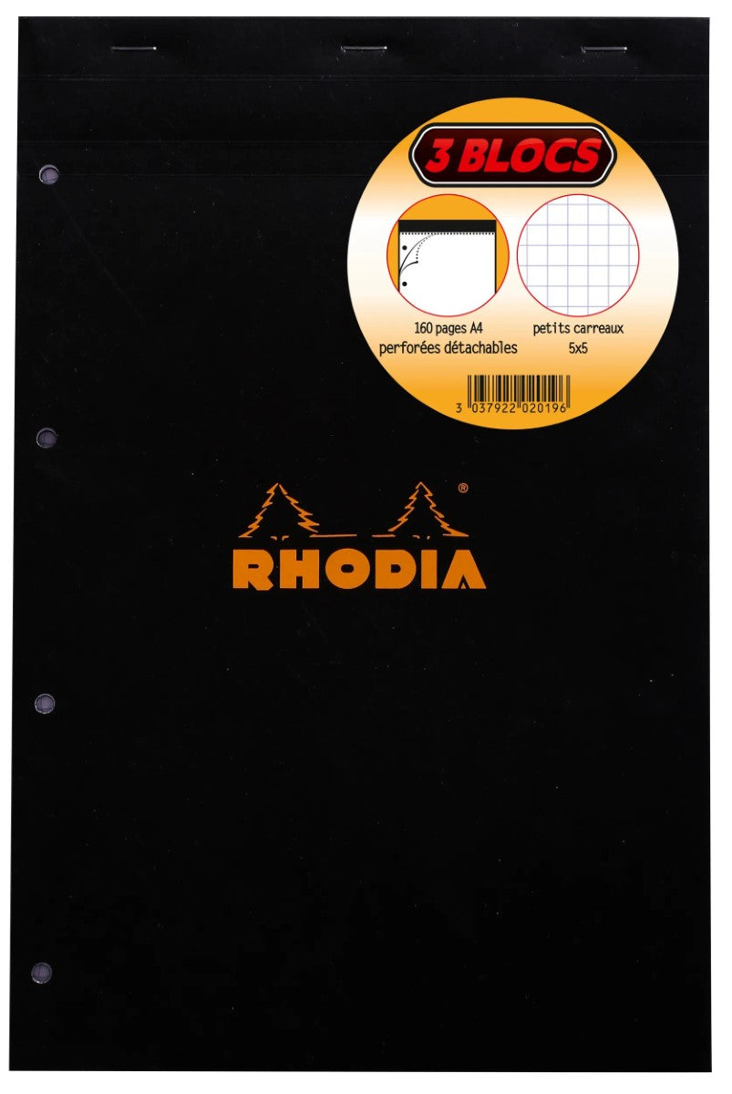 Rhodia Bloc A4+ à Spirale Lot de 3 160 Pages Quadrillage 5x5 Assorti Orange et Noir
