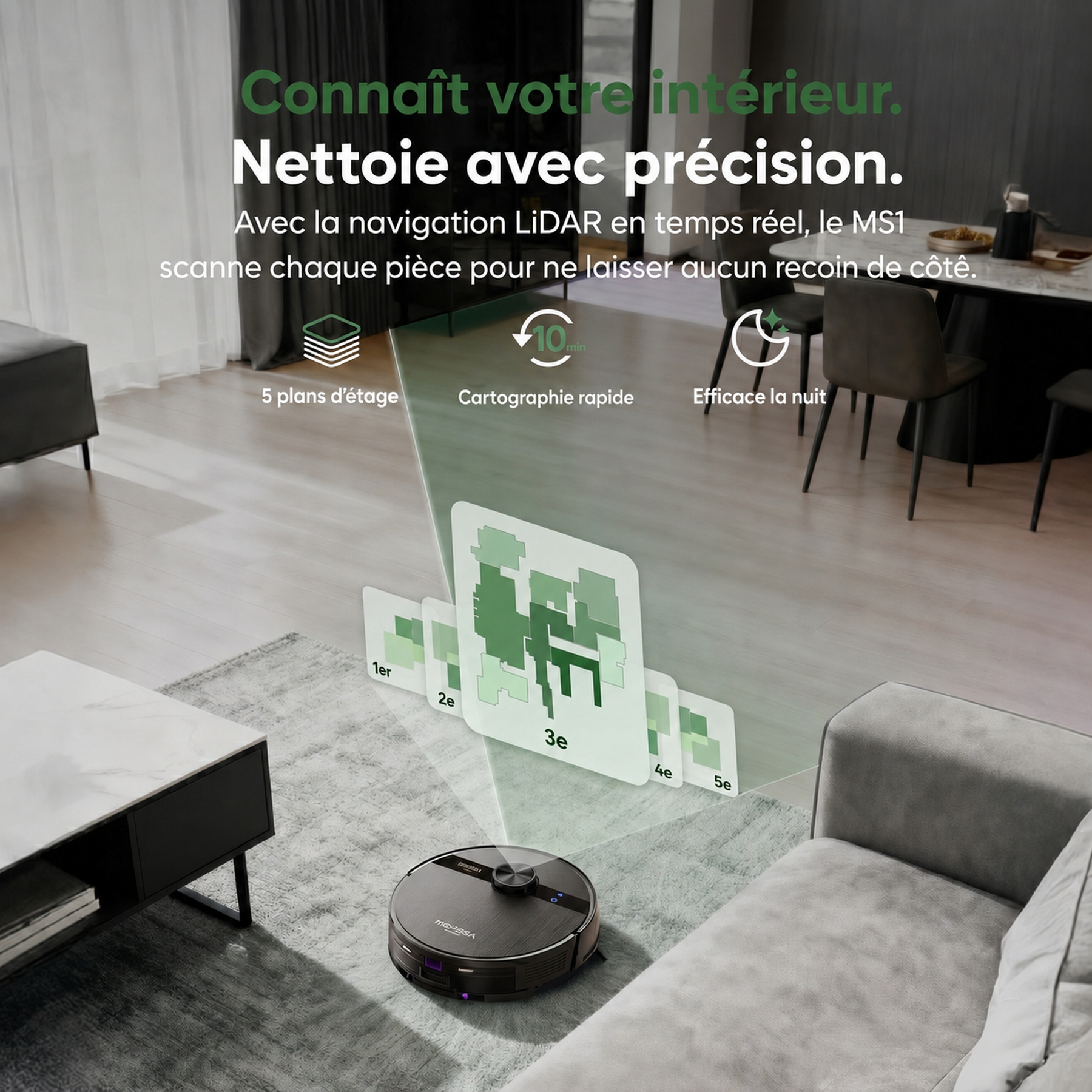 monsga MS1 Max Aspirateur robot laveur 2-en-1, 9000 Pa, station de vidage automatique 4,0 L, navigation LiDAR, autonomie 180 min, contrôle via application/télécommande/voix, pour sols durs et tapis