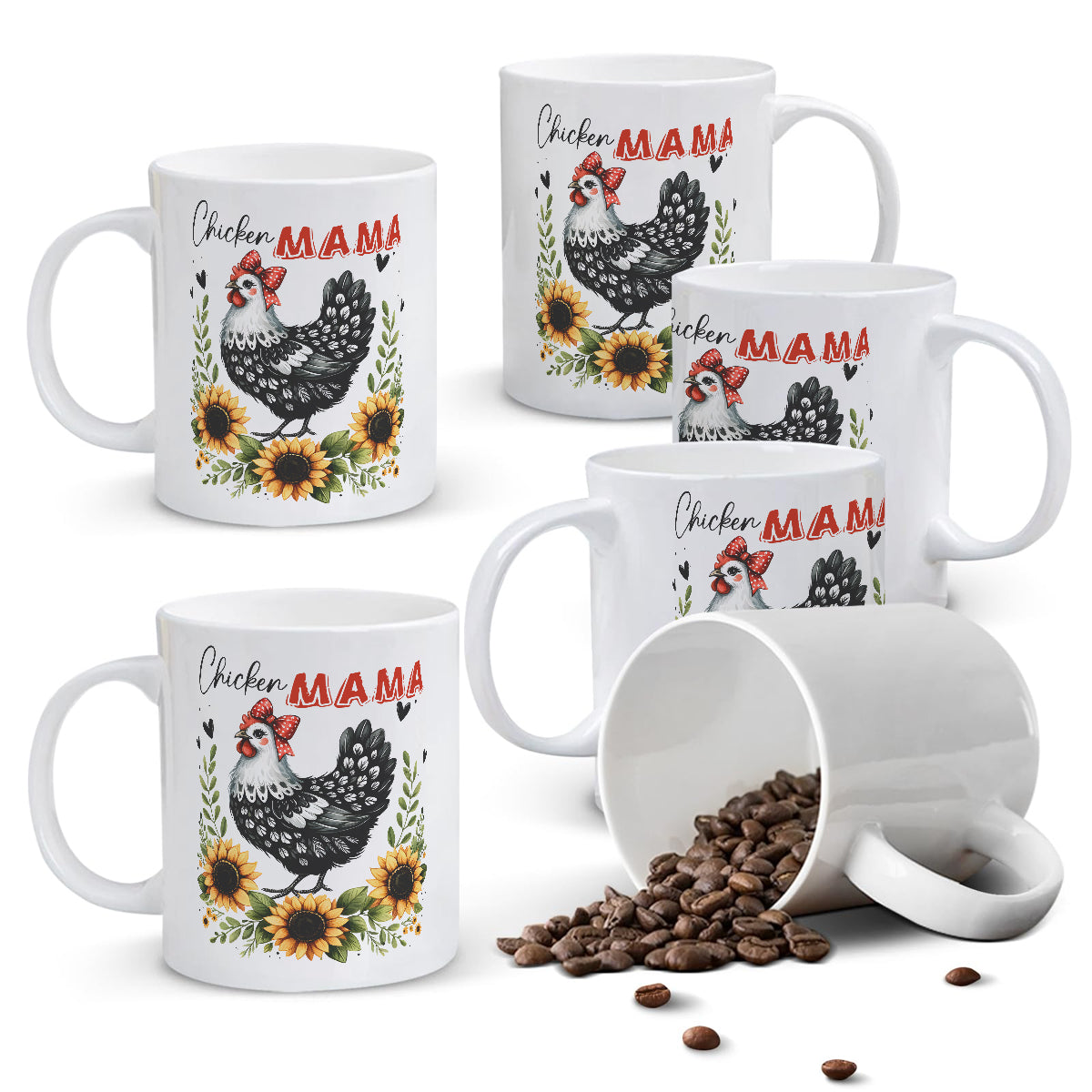 Alphynix 1 pièce mug blanc 11 oz avec motif humoristique « Maman poule » style maison de campagne et nœud rouge, cadeau unique et humoristique de Noël ou d’Action de grâce