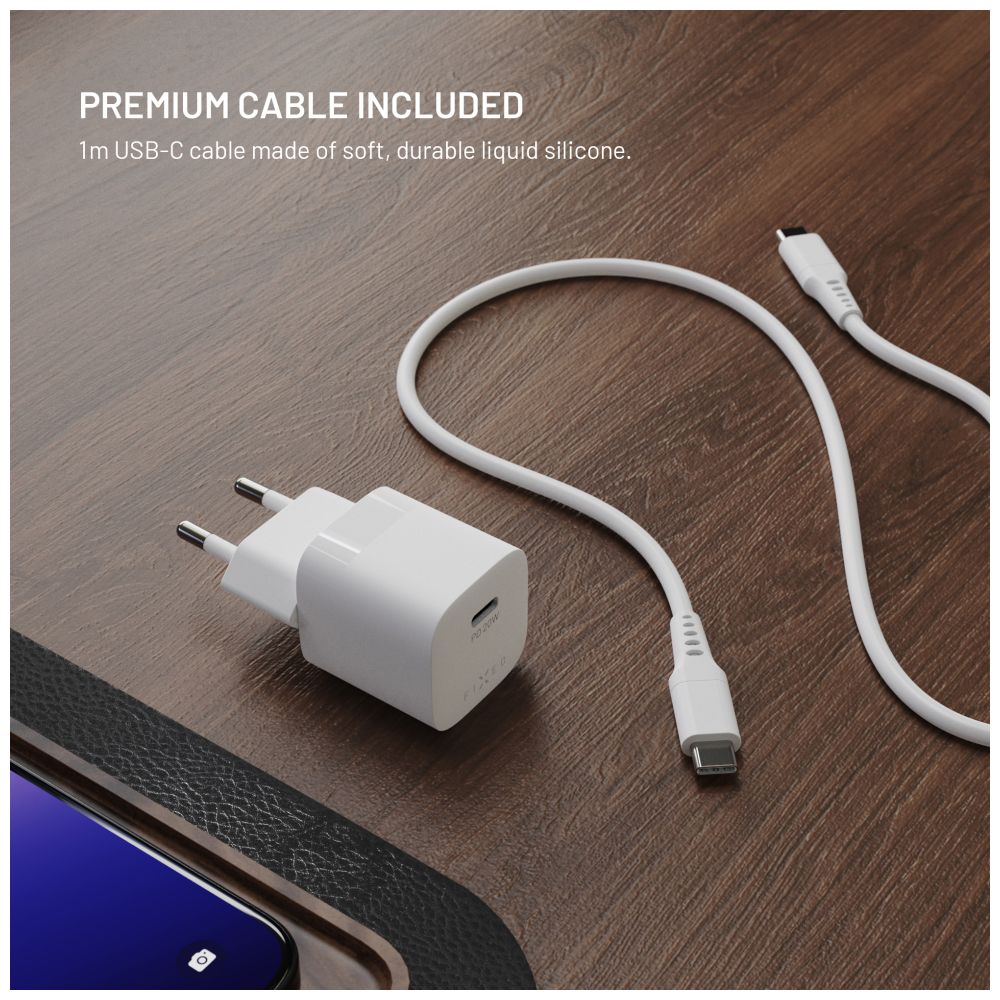 FIXED Chargeur de voyage mini 20 W + câble USB-C vers USB-C, Blanc