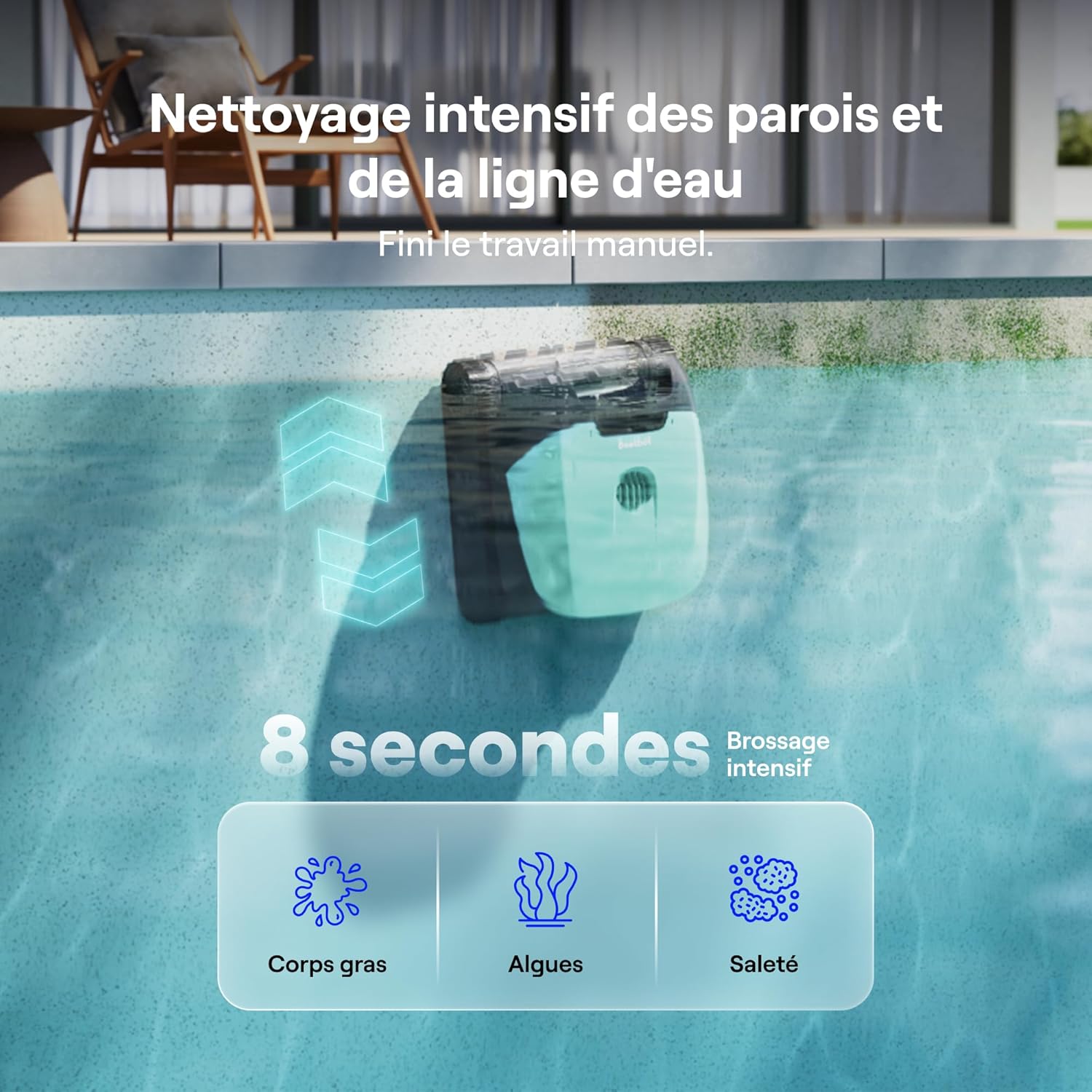 Robot Nettoyeur de Piscine Sans Fil Beatbot M10 Version - Fond/Murs/Ligne d'Eau/Plages Sous-marines, Aspiration 25700 L/h, Stationnement Intelligent sur la Ligne d'Eau, Filtre 5 L