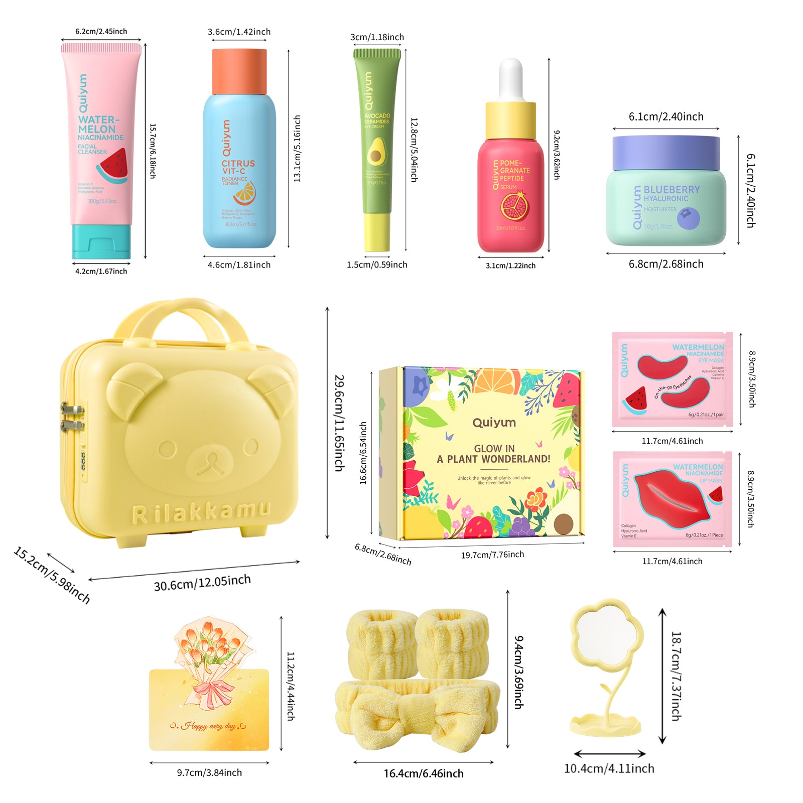 Quiyum Coffret de soins aux fruits (14 pièces) : nettoyant 100 g, lotion tonique 160 ml, crème contour des yeux 20 g, sérum 30 ml, crème 50 g, masques pour les yeux 6 g × 3