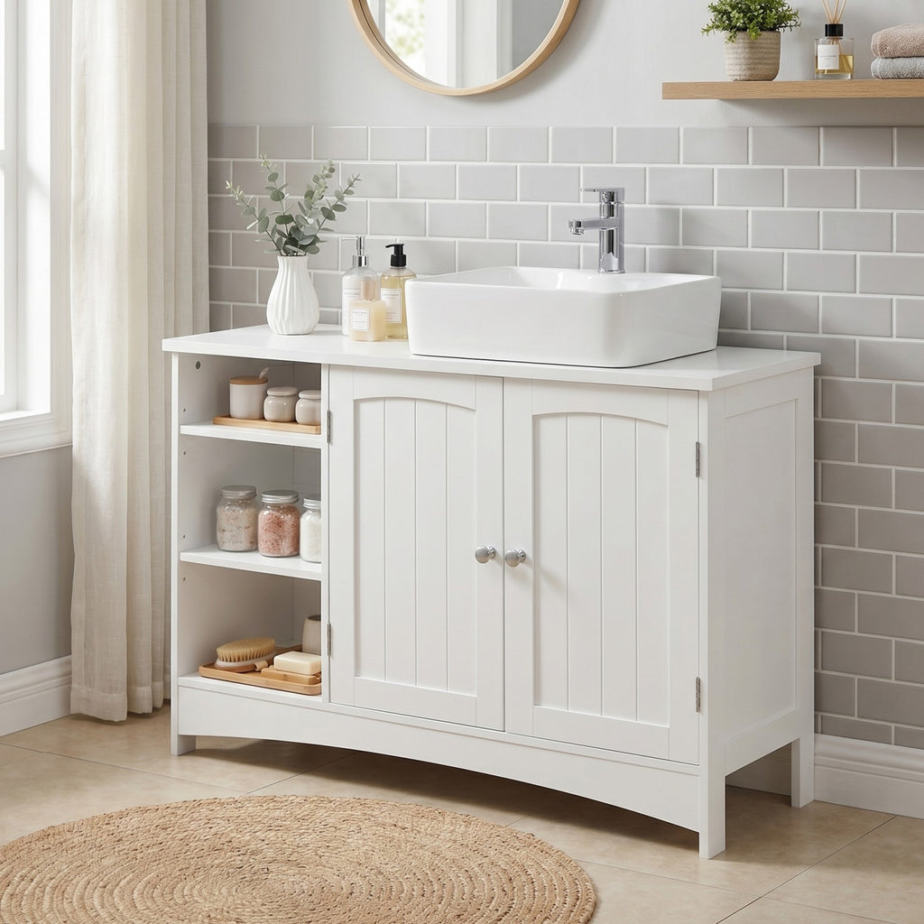 Ochama Meuble de salle de bain blanc réglable en hauteur, meuble sous-vasque extra long avec 2 portes, meuble de rangement pour salle de bain