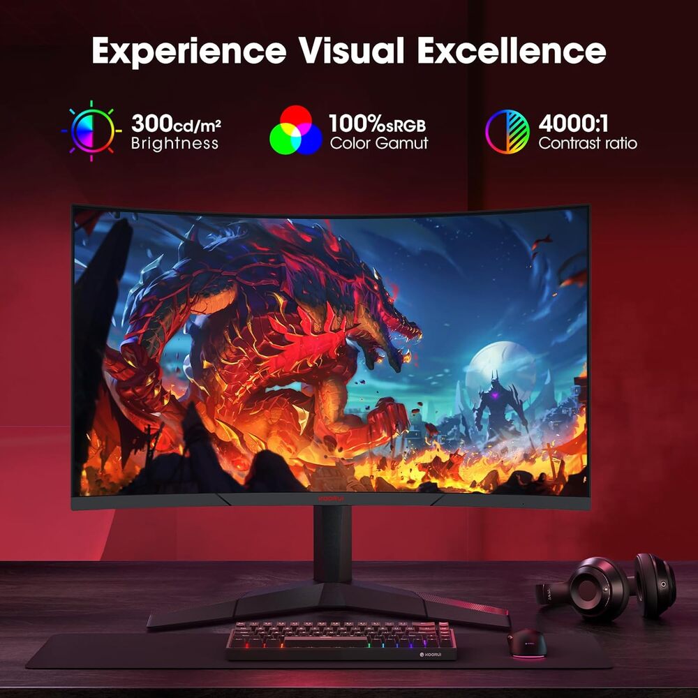 KOORUI Moniteur de jeu incurvé QHD 27 pouces, 2560*1440, 180 Hz 1 ms, DCI-P3 85 %, Inclinaison réglable, HDMI/DP, MG27A12QV3