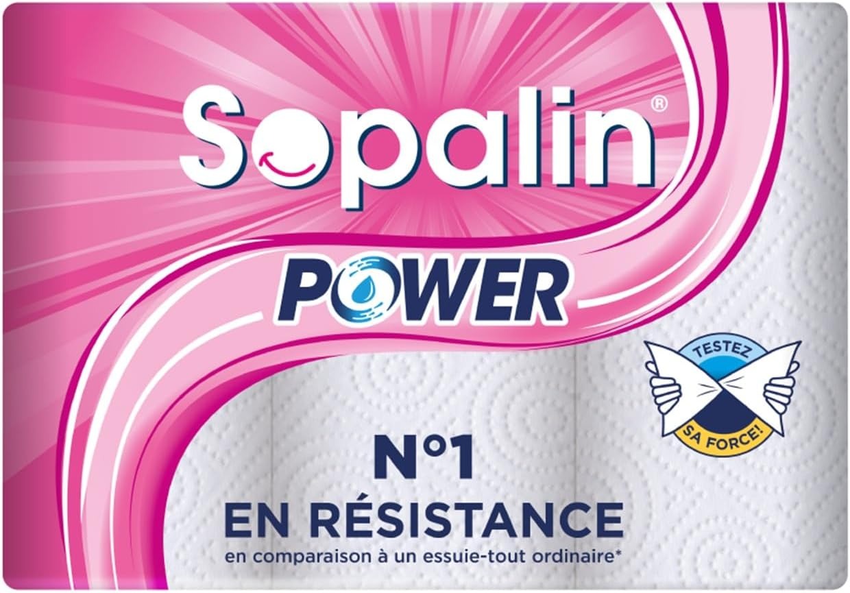 SOPALIN Essuie-Tout 2 Épaisseurs Résistance Extra à l'Humide, 45 Feuilles par Rouleau, 3 Rouleaux