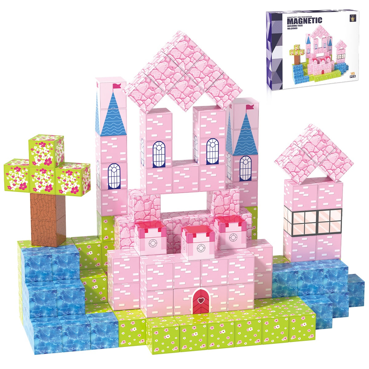 XINQIYUAN Qiyuan Jouet Éducatif Blocs de Construction Château Rose Monde Magnétique 2.5cm 145pièces [Mélange aléatoire – Couleurs issues uniquement de la photo principale]