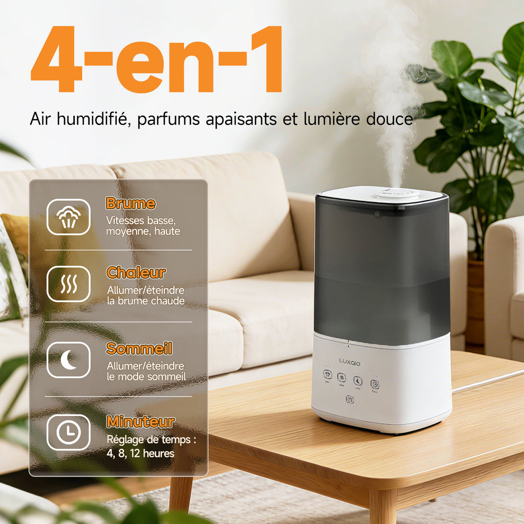 Luxaid Humidificateur 6L Brume Froide/Chaude, Remplissage par le haut, commande tactile, minuterie 4/8/12h, mode silencieux 20dB, buse 360°, fonction aromathérapie pour grande pièce