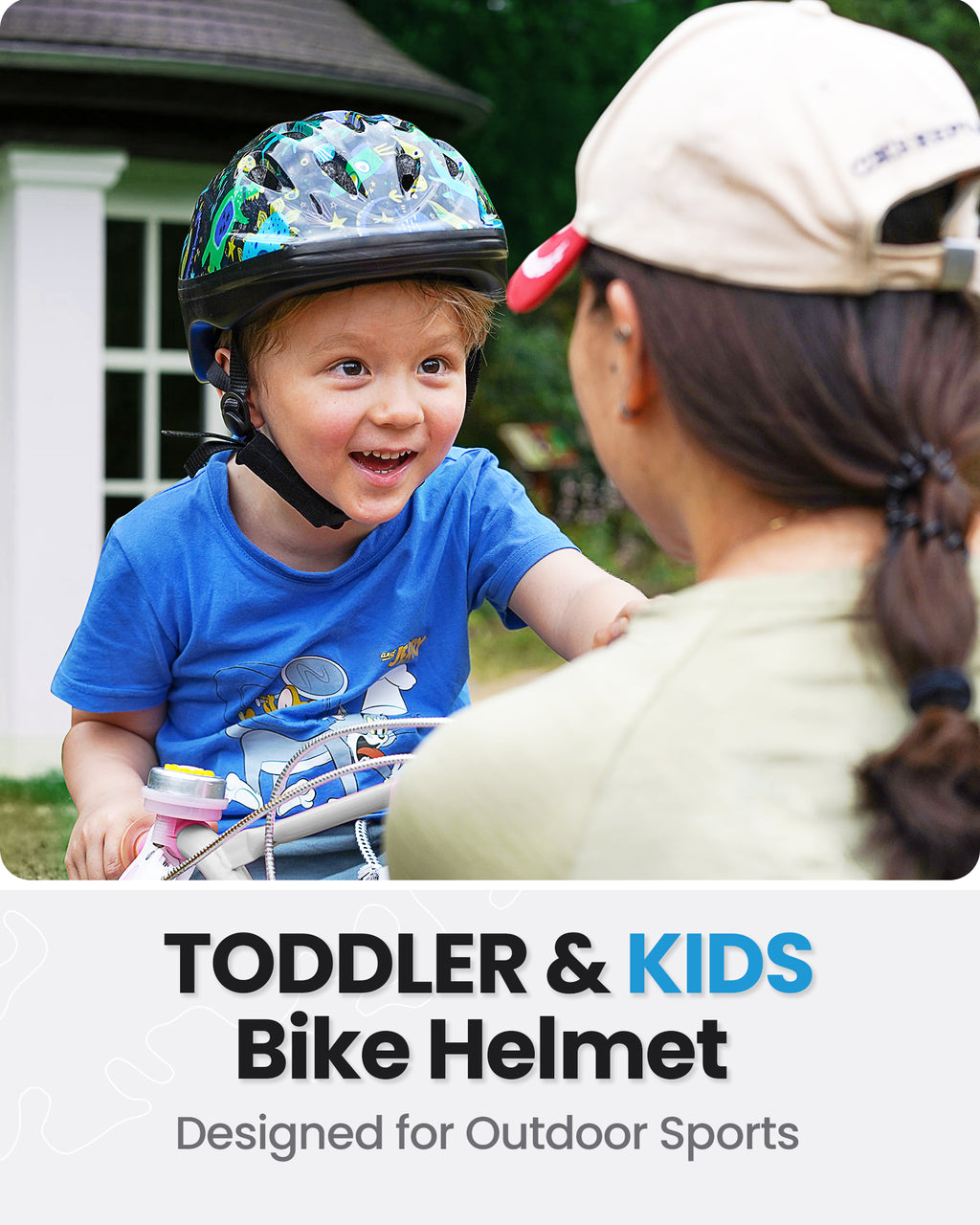 OutdoorMaster Ibex casque de vélo pour enfants et adolescents, convient aux draisiennes et vélos d'équilibre pour tout-petits, modèle dinosaure bleu, taille S