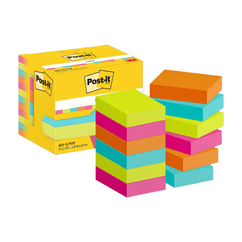 Notes adhésives Post-it, collection de couleurs Poptimistic, 38 mm x 51 mm, 100 feuilles/planche, 12 planches/boîte, emballage en carton, 100 % PEFC, SGSCH-PEFC-COC-110078