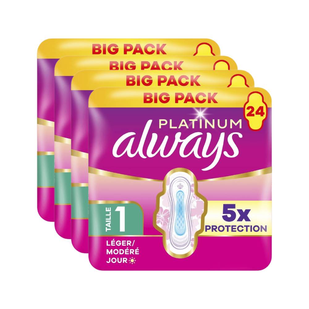 Always Platinum Day Serviettes Hygiéniques Avec Ailettes Flux Léger à Modéré Taille 1 - 96 Unités (4 Paquets de 24)