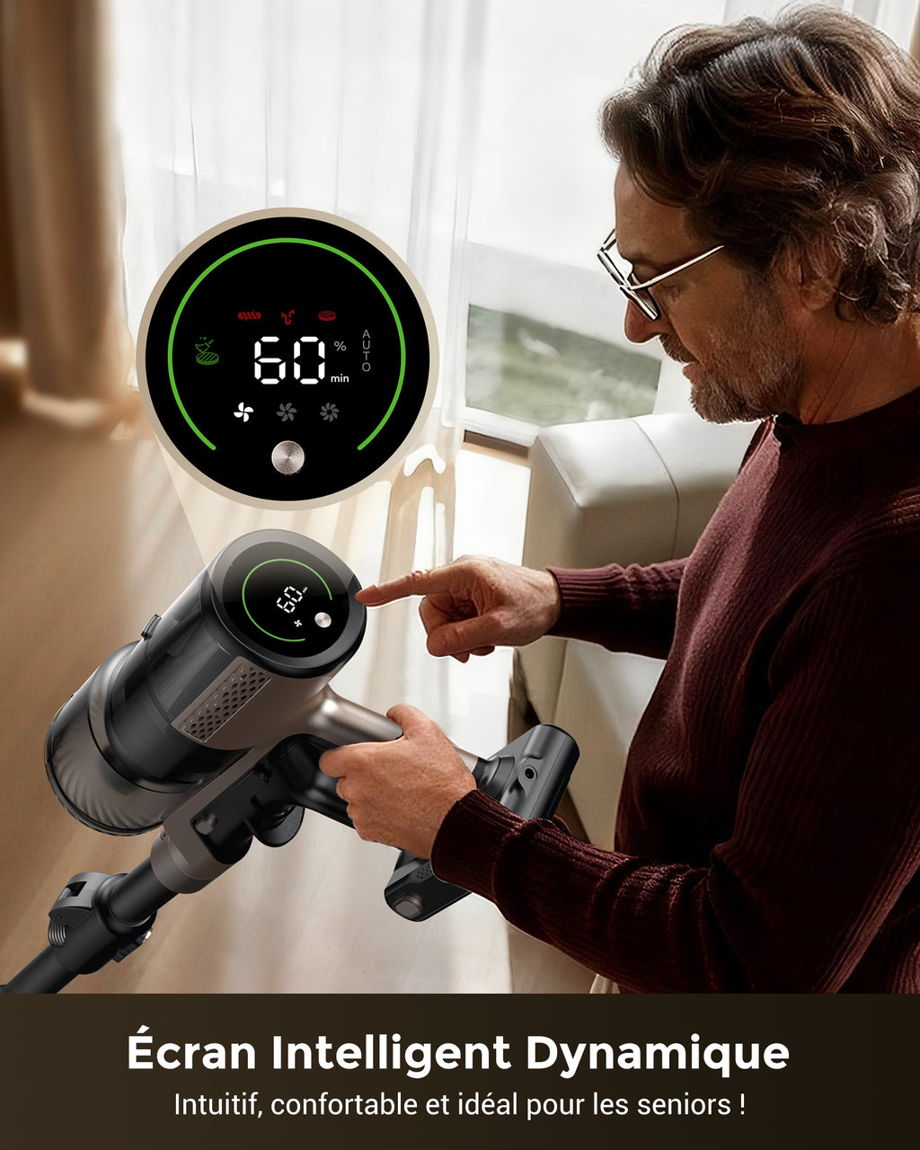P-2O aspirateur balai sans fil avec fonction laveur, 70 kPa/680 W, autonomie 70 min, tube pliable et flexible, détection GreenEye, anti-emmêlement, autotient, léger
