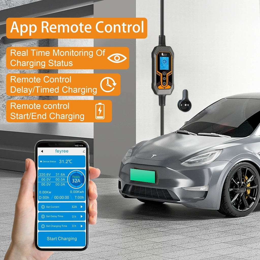 feyree Chargeur de voiture électrique portable type 2 EVSE, avec contrôle via application Wi‑Fi, courant réglable et charge intelligente - 32 A / 7 kW
