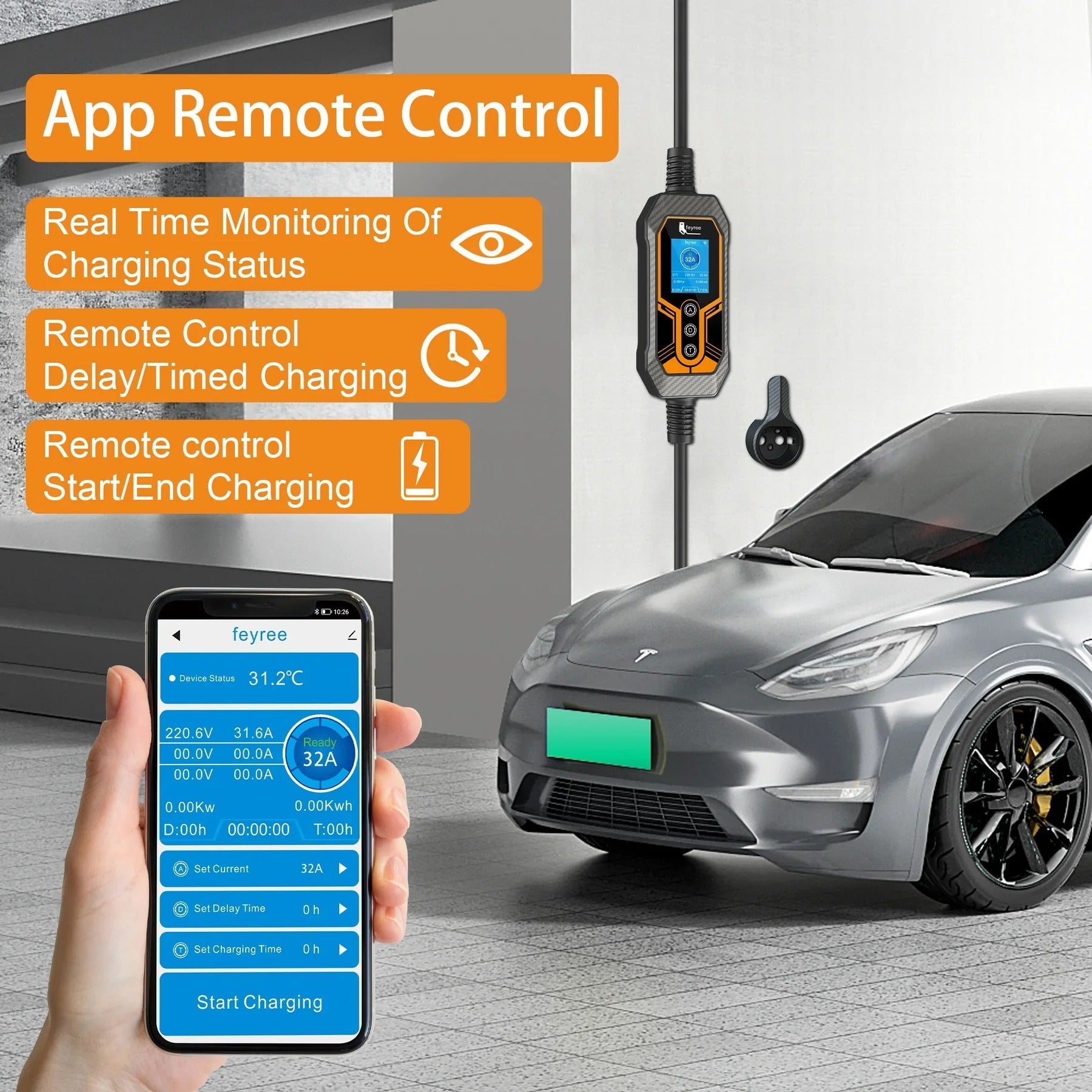 feyree Chargeur de voiture électrique portable type 2 EVSE, avec contrôle via application Wi‑Fi, courant réglable et charge intelligente - 32 A / 7 kW
