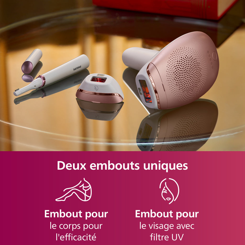Philips Lumea Series 7000 BRI921/00 Épilateur à lumière pulsée avec capteur de teinte de peau, flashs rapides, embouts corps et visage, épilation semi définitive à domicile