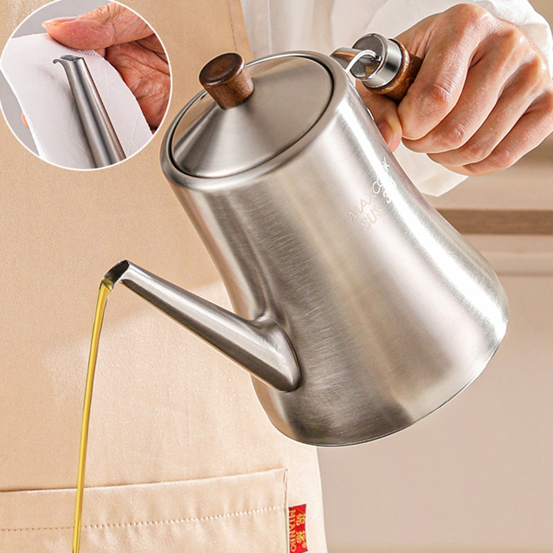 Maxcook bouteille pour huile d’olive et huile de cuisine en acier inoxydable 304 (33.8 onces/1000 ml) - bouteille à huile antifuite - poignée en bois de hêtre