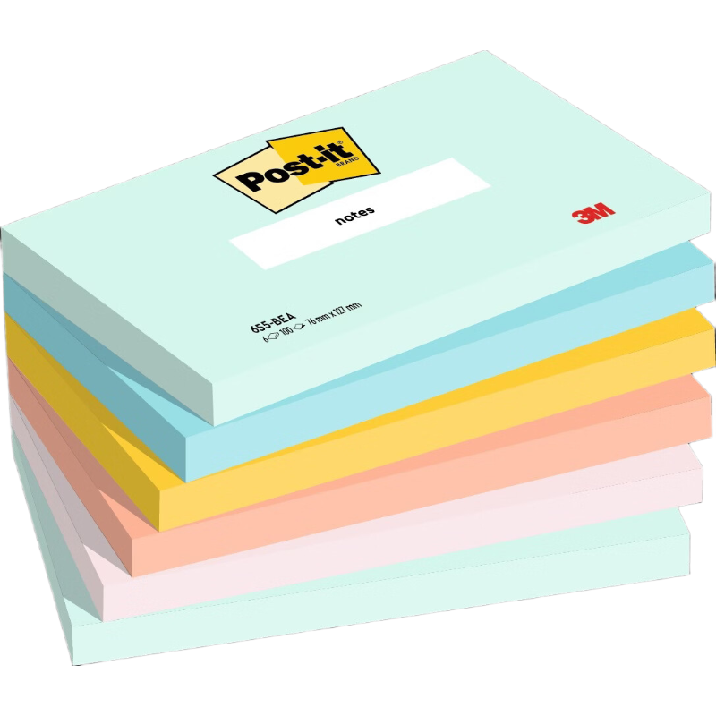 Notes adhésives Post-it, Collection de couleurs Beachside, 127 mm x 76 mm, 100 feuilles/feuille, 6 blocs/lot, 100 % PEFC, SGSCH-PEFC-COC-110078