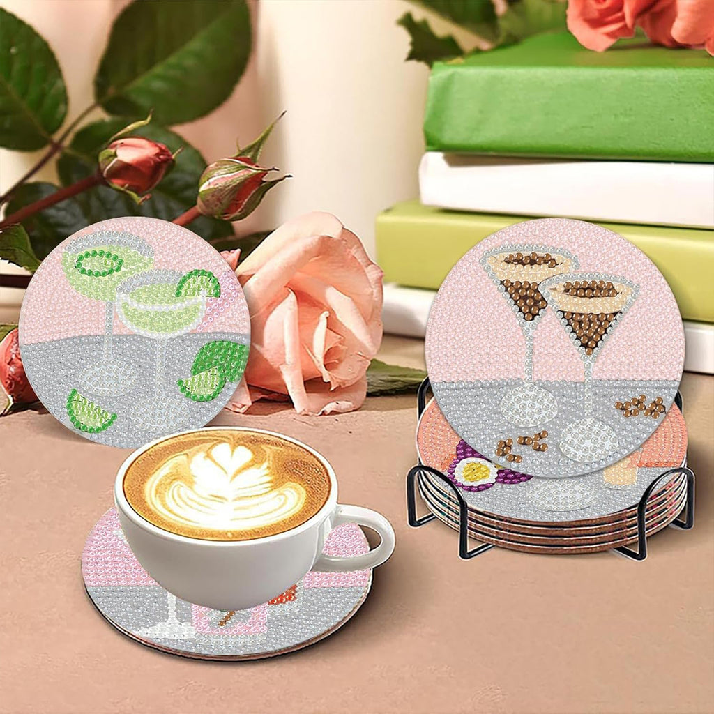Ju7cer Lot de 6 sous-verres de peinture diamant 5D avec support - Art cocktail DIY pour tables à boissons et de café