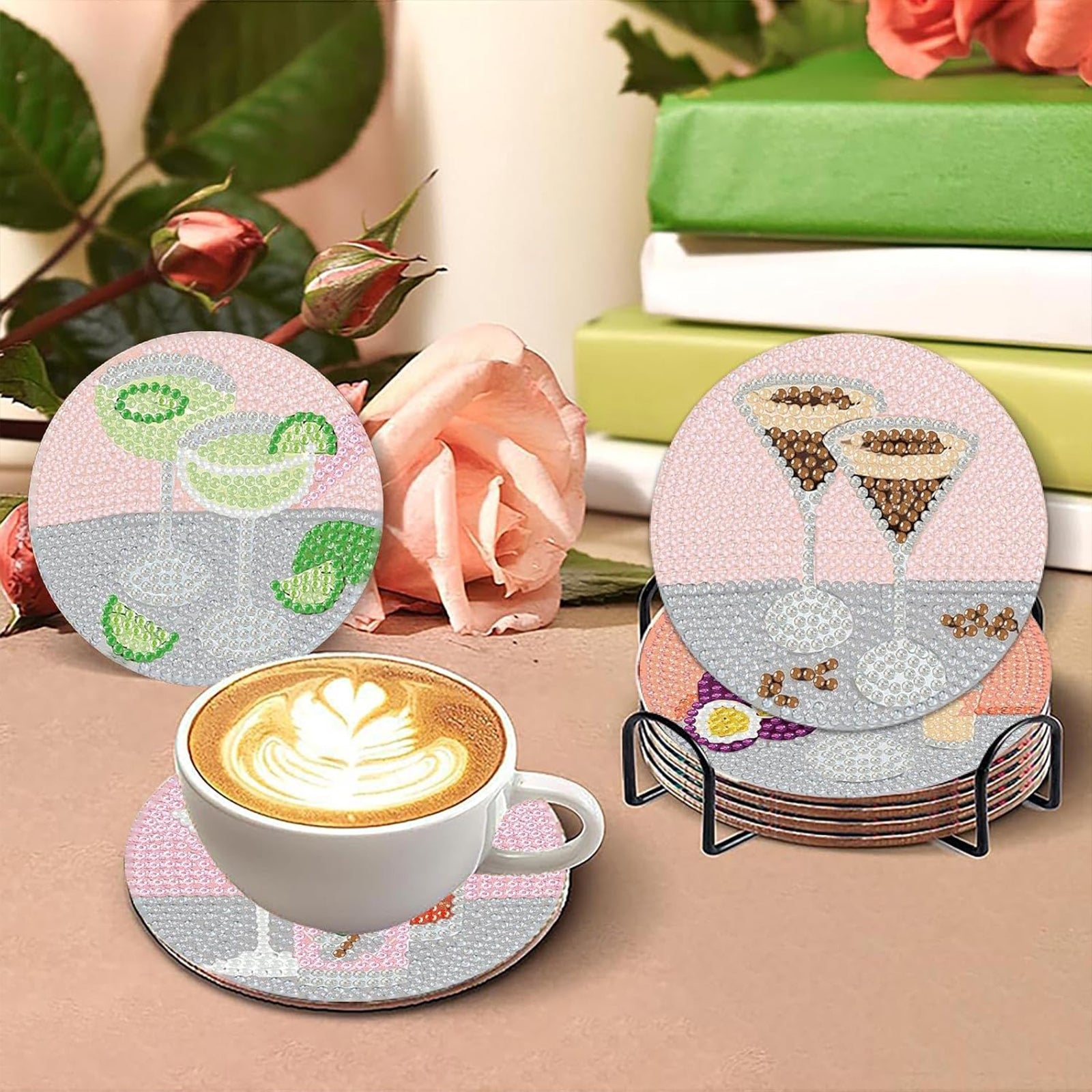 Ju7cer Lot de 6 sous-verres de peinture diamant 5D avec support - Art cocktail DIY pour tables à boissons et de café