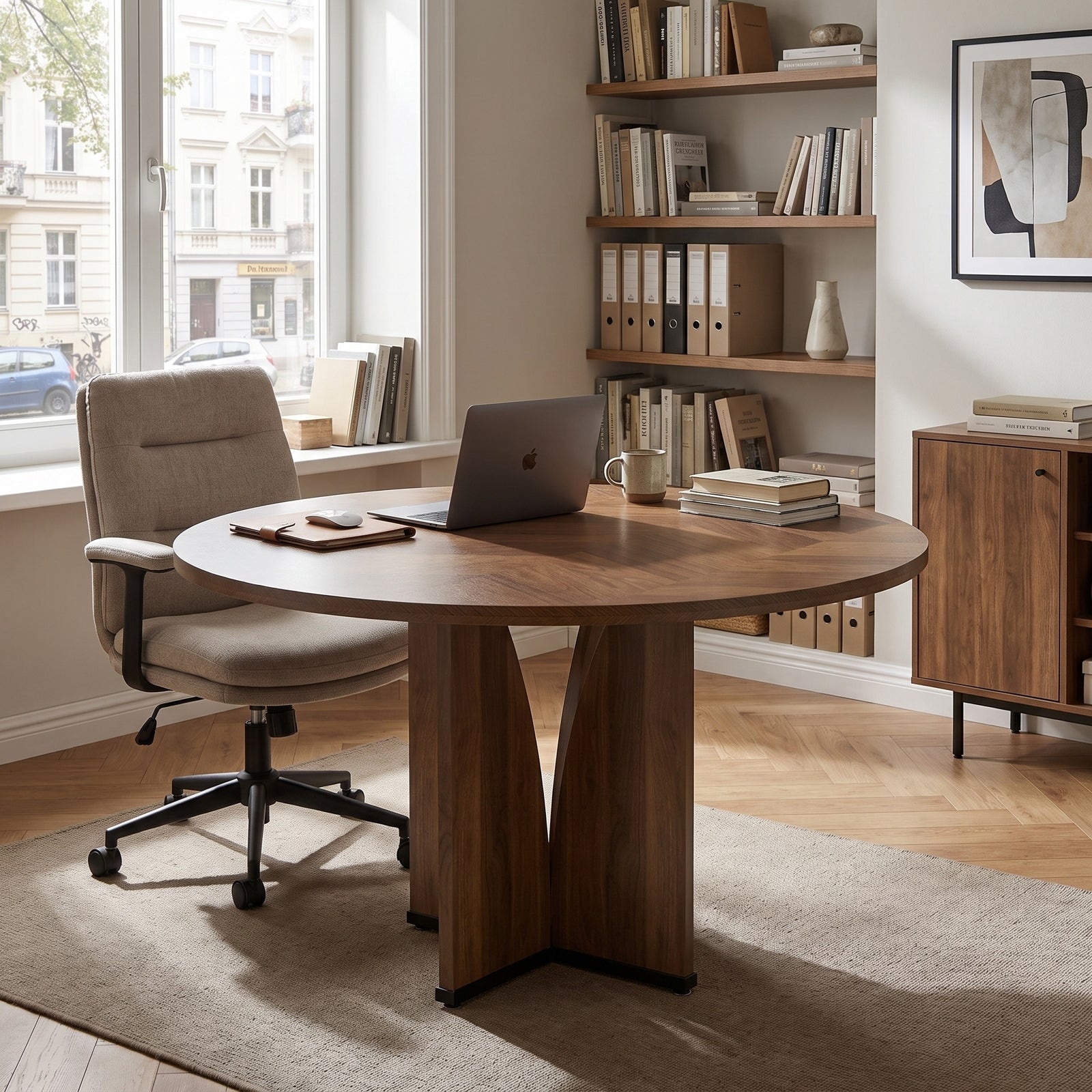 LANTINE Table à manger ronde pour 4 style ferme plateau aspect bois marron diamètre 100 cm hauteur 75 cm