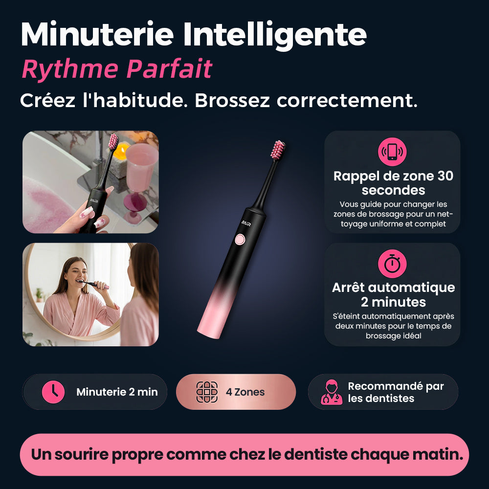 BAIR CARE Brosse à dents électrique sonique X6 - Batterie longue durée 90 jours, Rechargeable, 5 modes, Vibration haute fréquence, Étanche IPX7, Soin bucco-dentaire quotidien