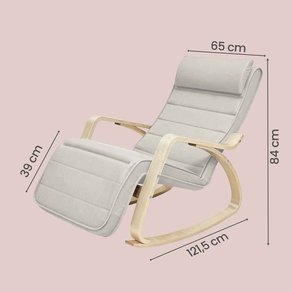 JOYFURNOS Fauteuil à bascule Beige En bois de bouleau Avec repose-pieds réglable Et housse amovible 121,5*65*84 cm Fauteuil de détente Pour salon ou chambre