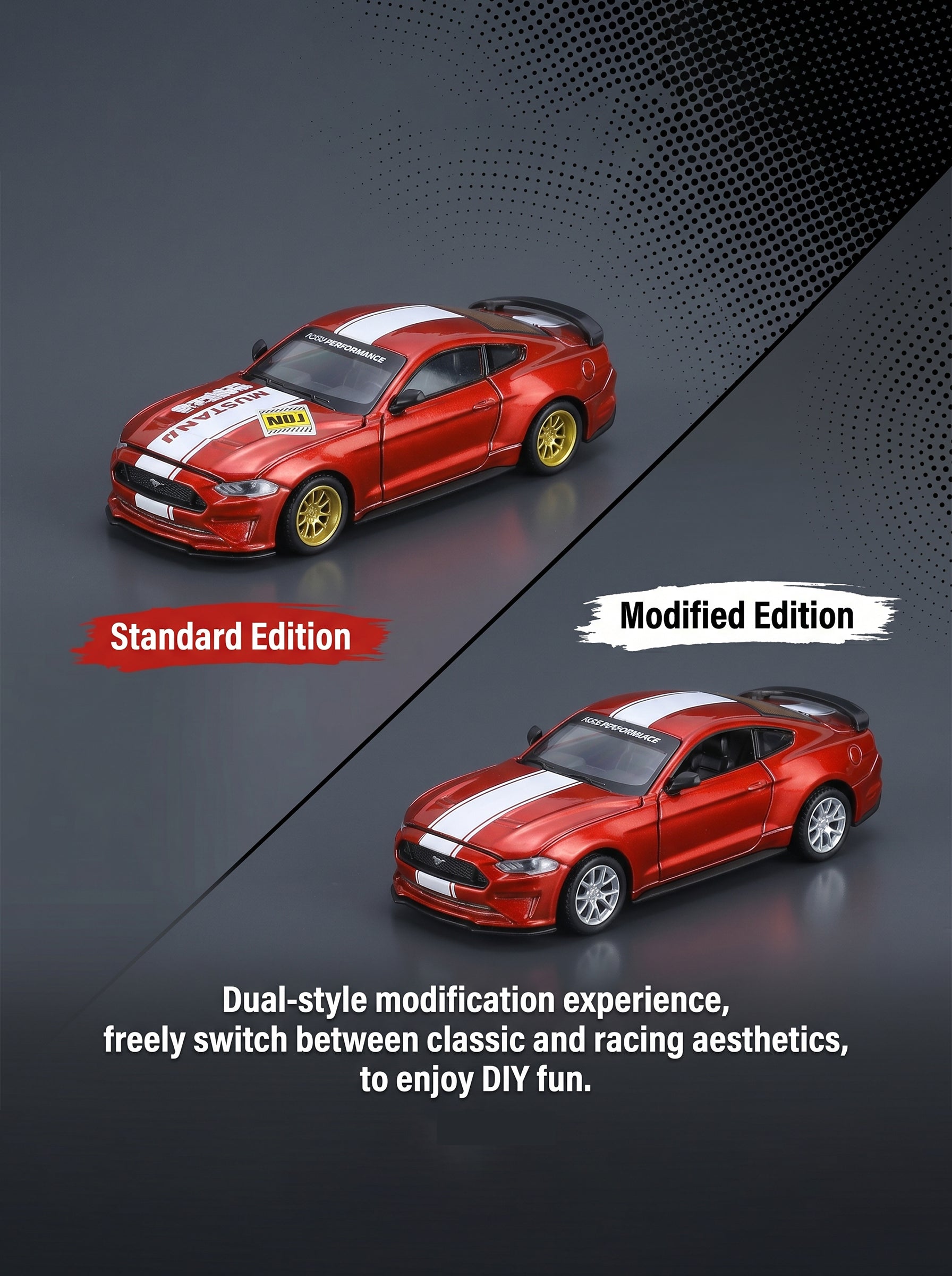 CCA1:42 2018 Ford Mustang GT Classic Red – Modèle de voiture à l’échelle 1:42, kit de montage DIY, portes ouvrantes et pièces interchangeables, modèle de collection et jouet d’exposition
