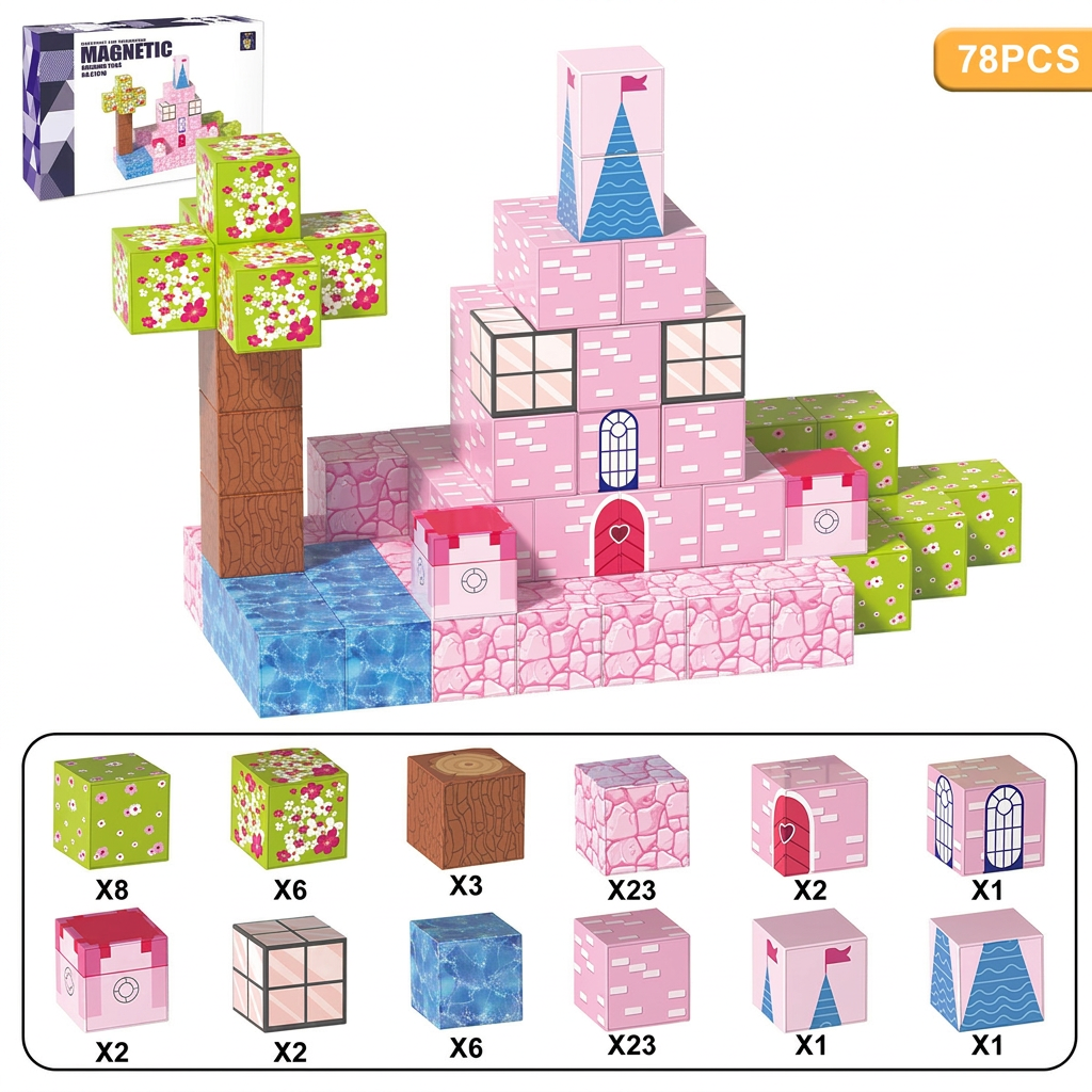 XINQIYUAN Jouet éducatif ensemble de blocs de construction magnétiques Monde château rose 2,5 cm 78 pièces [Mélange aléatoire – Couleurs de l’image principale uniquement]