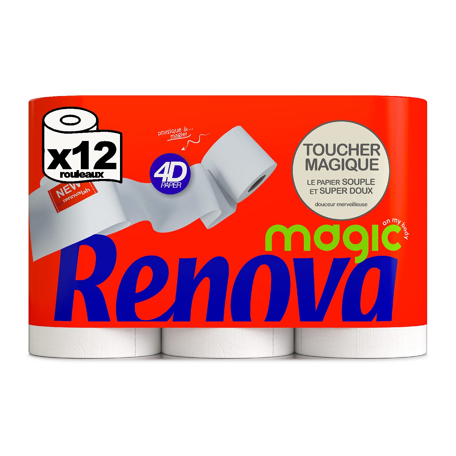 RENOVA Papier Toilette Long Strong Soft Magic 3 Épaisseurs (Paquet de 12 Rouleaux)