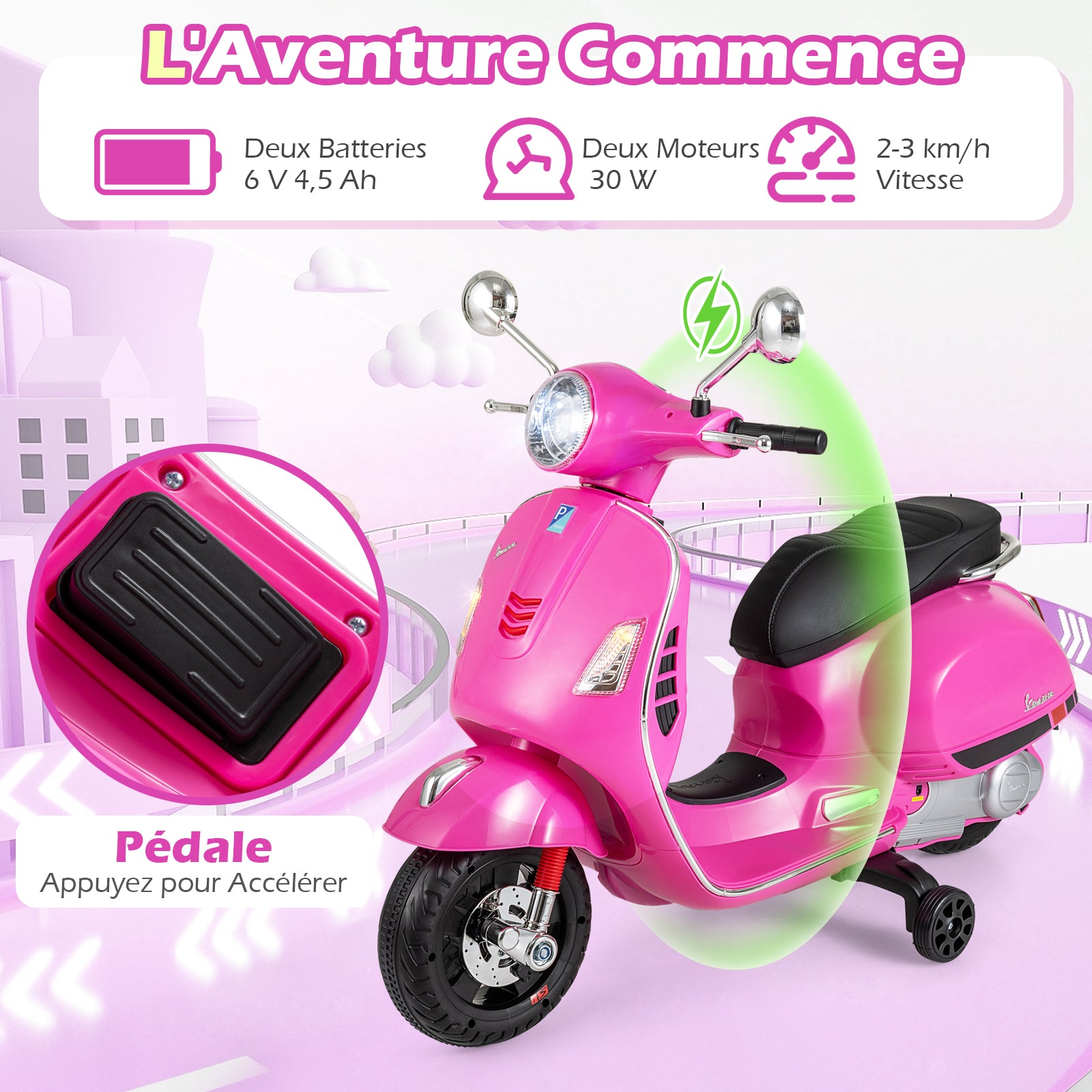 Costway Scooter électrique pour enfants Vespa sous licence 12 V, Scooter motorisé 4 roues avec musique, klaxon, histoires et roues stabilisatrices, 3-6 ans, Rose