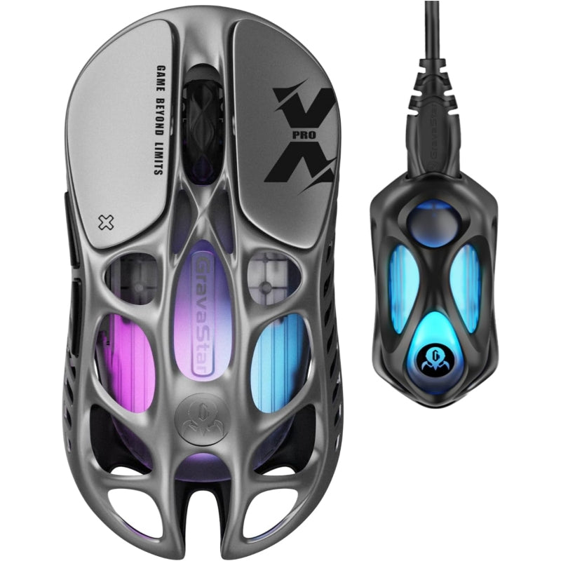 Souris de jeu sans fil GravaStar Mercury X Pro 49 g, Dongle 8K, Capteur PAW3950 32 000 DPI, Taux d'interrogation 8000 Hz, Alliage de magnésium, Design creux, Éclairage RGB